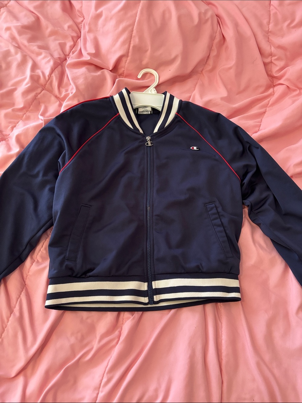 Champion Navy Track Jacket with White Striped Ribbing